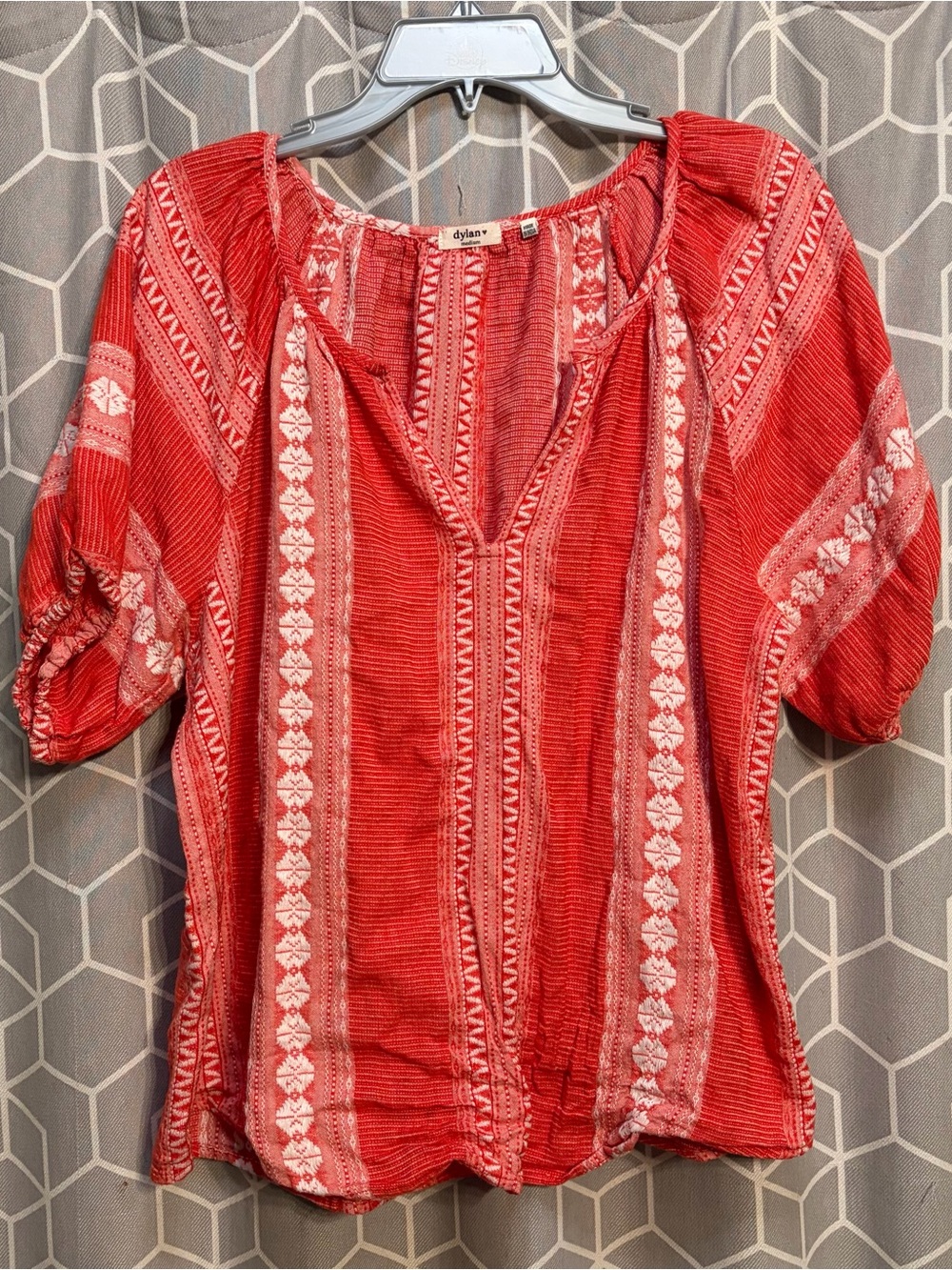 dylan Coral-Red Embroidered Boho Peasant Blouse